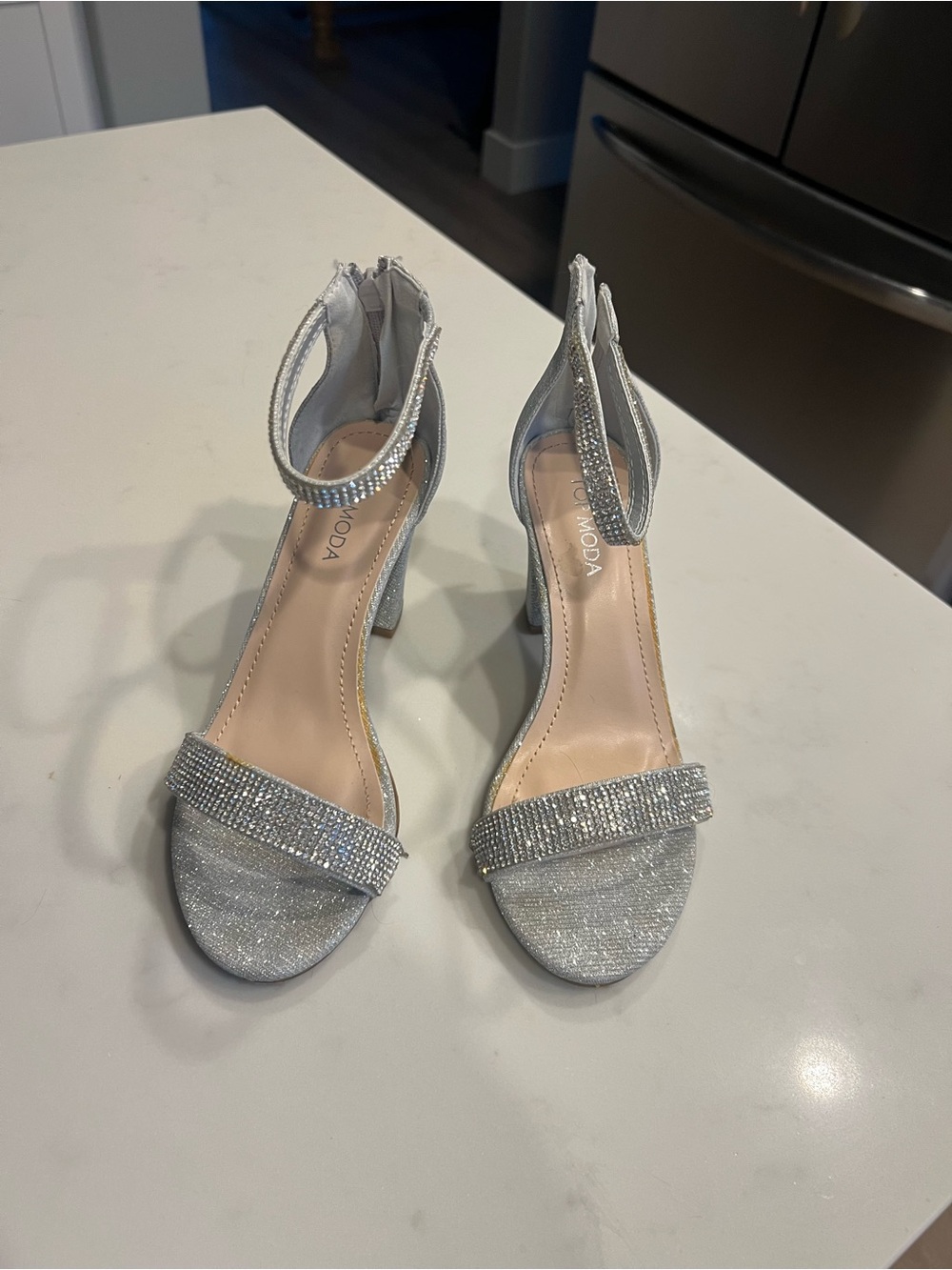 TOP Moda Silver Glitter Rhinestone Ankle-Strap Heels